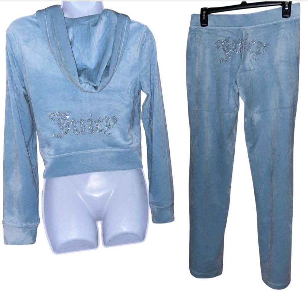 JUICY COUTURE OG FROSTED BLUE  RHINESTONE VELOUR ZIP UP CROPPED TRACKSUIT NWT